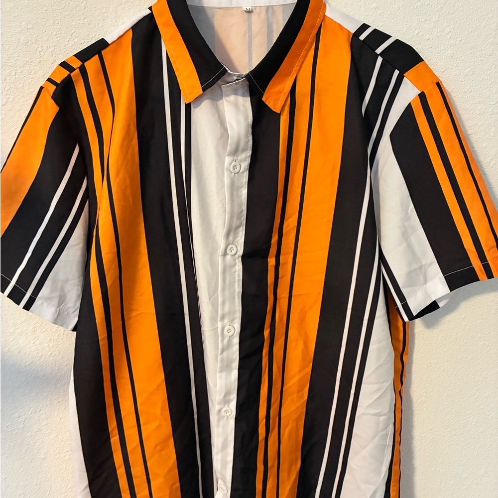Men's Striped Short Sleeve Shirt - Orange, Black, and White